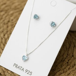 Conjunto de Prata 925 Coração Delicado Zircônia Azul Claro
