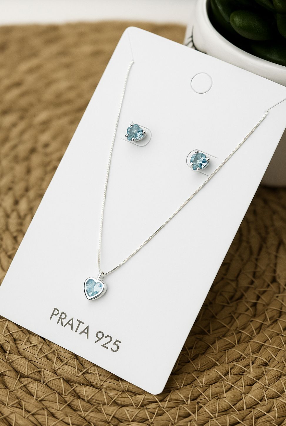 Conjunto de Prata 925 Coração Delicado Zircônia Azul Claro