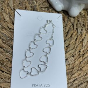 Pulseira de Prata 925 Elos Corações Grandes