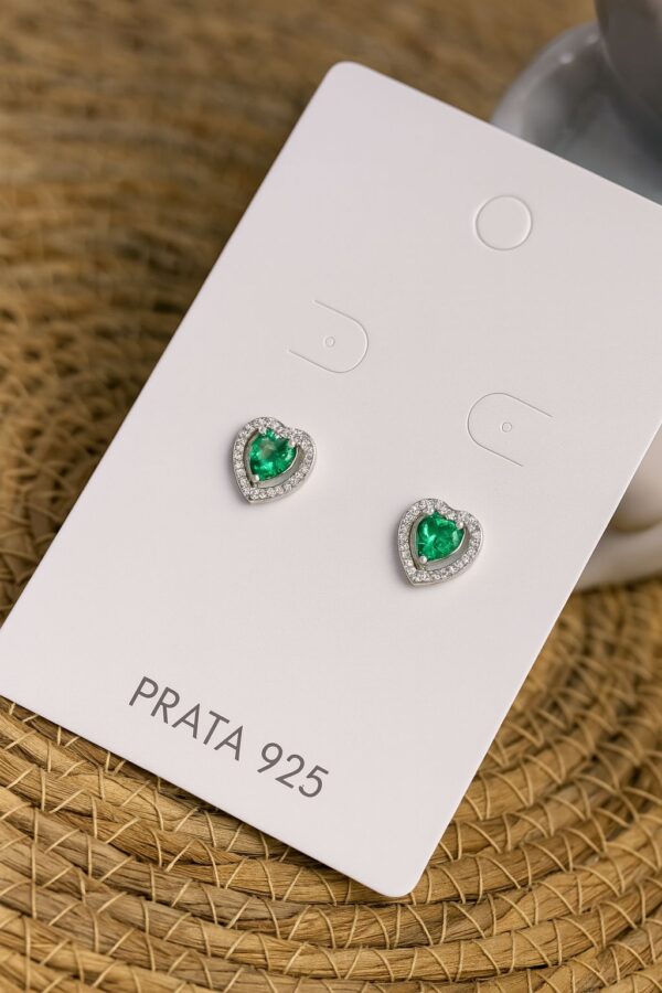 Brinco de Prata 925 Coração Com Zircônia Verde Cravejado em Volta