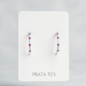 Brinco de Prata 925 Meia Argola Delicada Com Zircônias Rosas Escuras