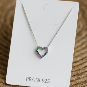 Colar de Prata 925 Coração Cravejado em Zircônias Coloridas