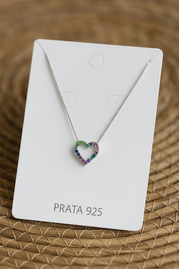 Colar de Prata 925 Coração Cravejado em Zircônias Coloridas