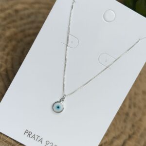 Colar de Prata 925 Pingente Olho Grego Branco Delicado