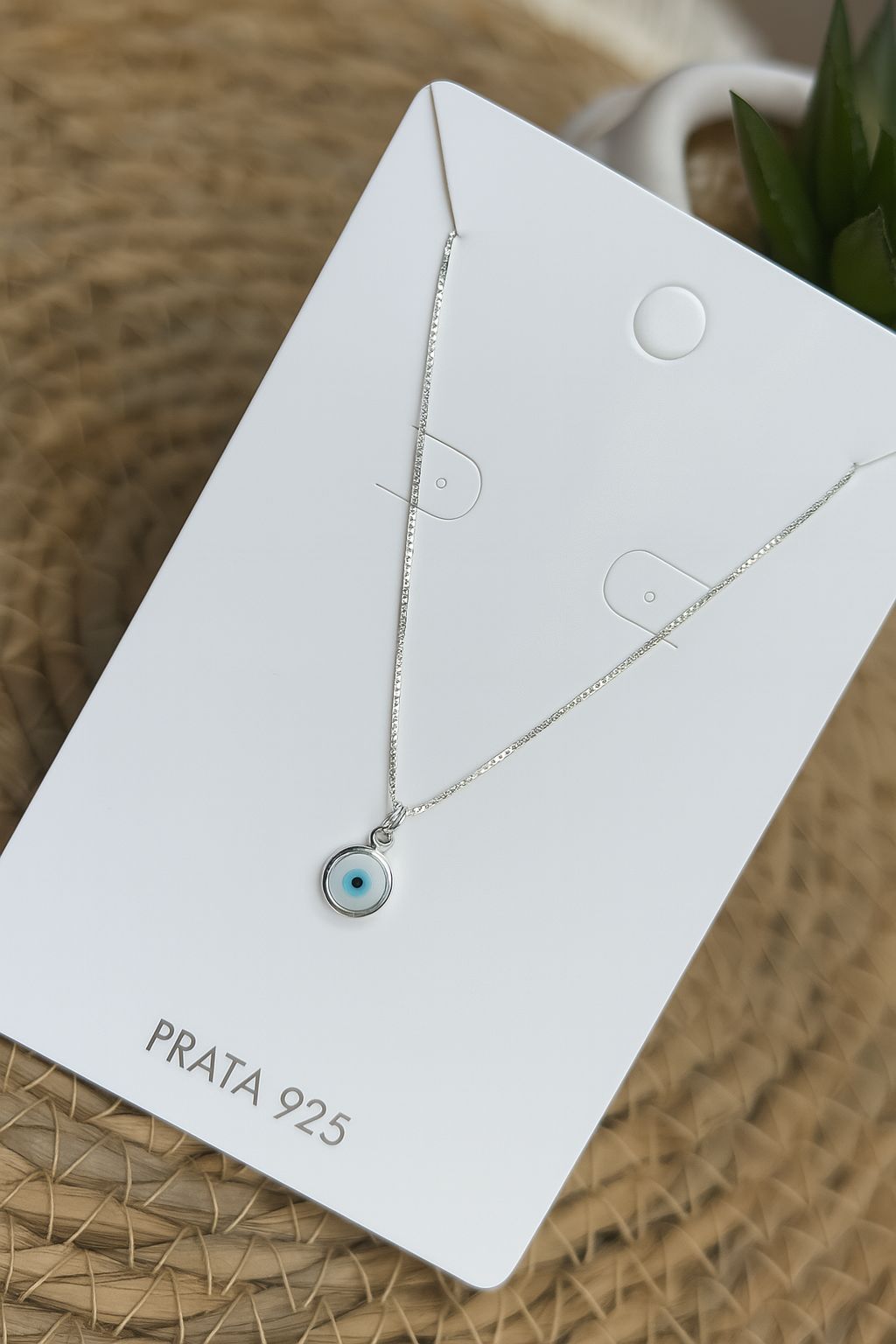 Colar de Prata 925 Pingente Olho Grego Branco Delicado
