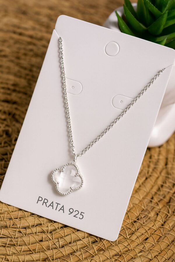 Colar de Prata 925 Trevo Detalhado Branco