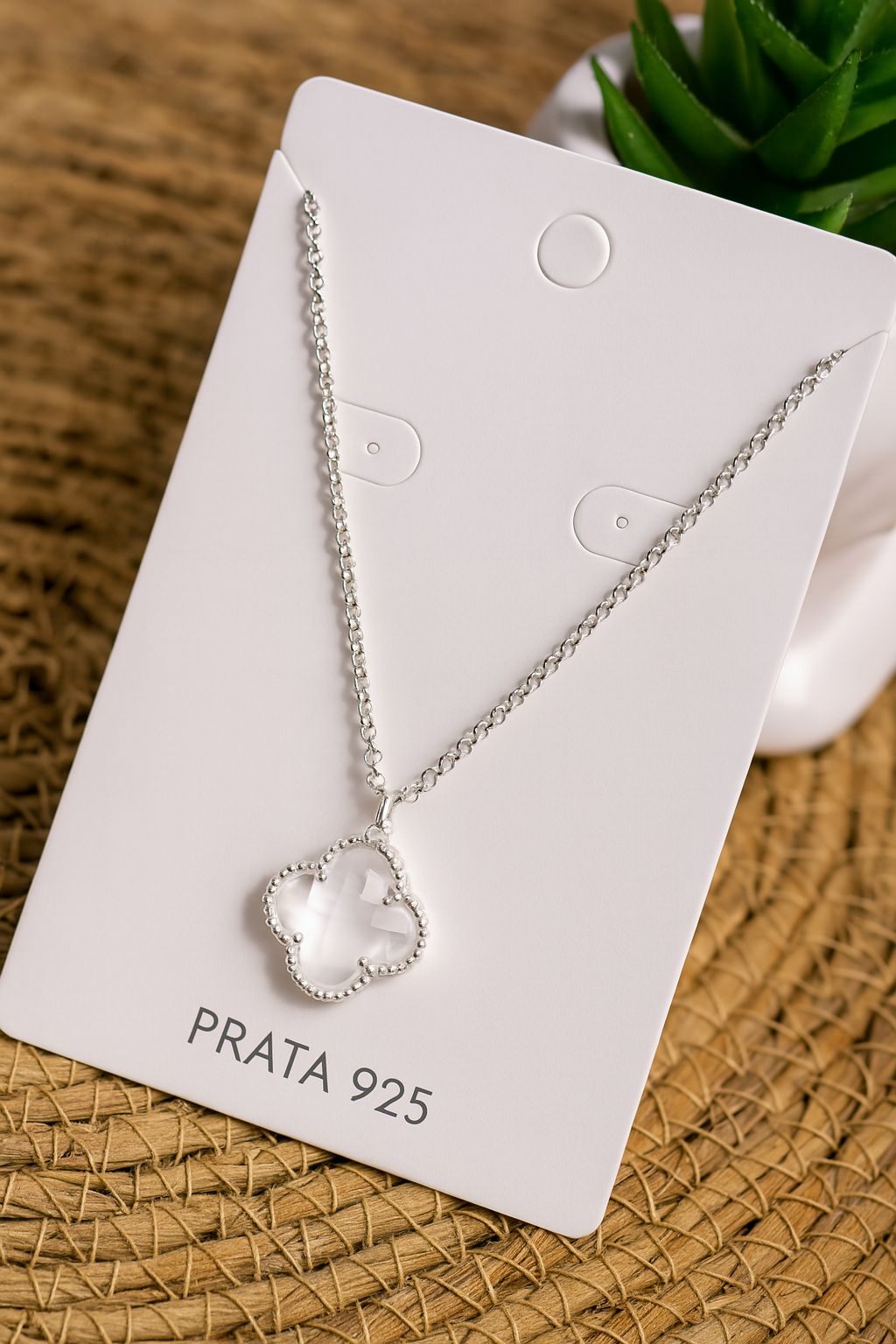 Colar de Prata 925 Trevo Detalhado Branco