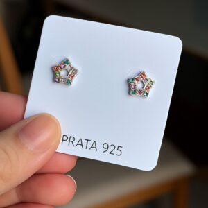 Brinco de Prata 925 Estrela Cravejada com Zircônias Coloridas