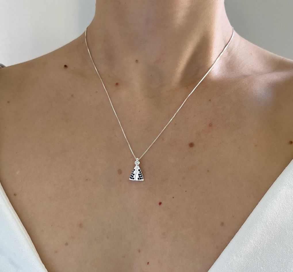 Colar de Prata 925 Nossa Senhora de Aparecida Cravejado com Zircônias Azuis