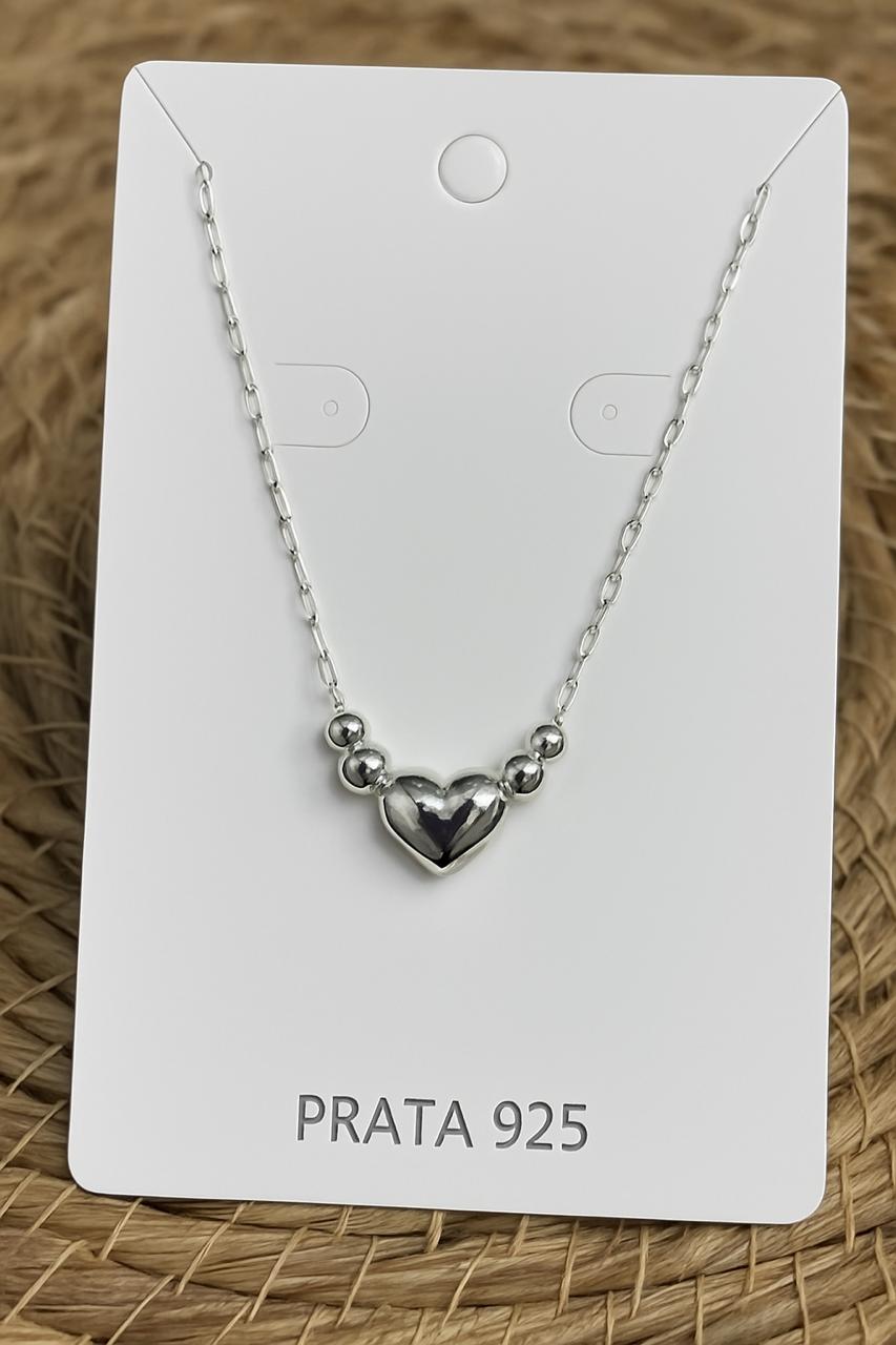 Colar de Prata 925 Choker Coração e Bolinhas