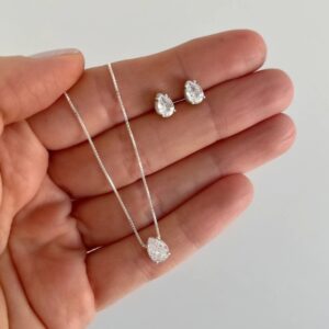 Conjunto de Prata 925 Gota Zircônia Branca 7mm x 5mm