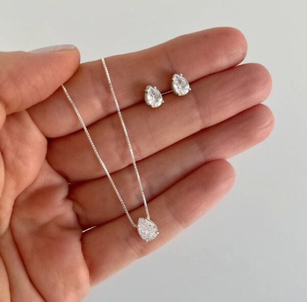 Conjunto de Prata 925 Gota Zircônia Branca 7mm x 5mm