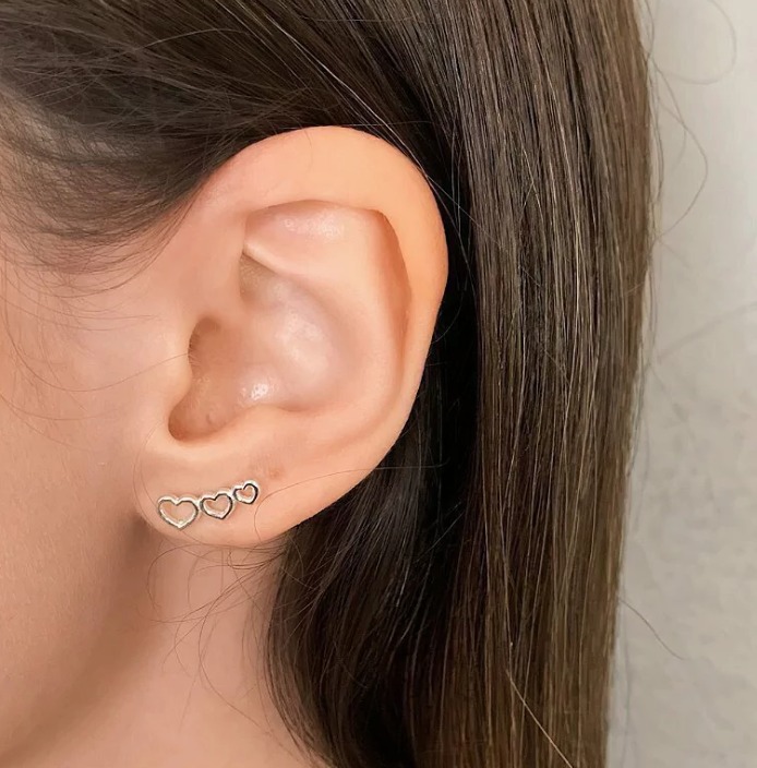 Brinco de Prata 925 Ear Cuff 3 Corações