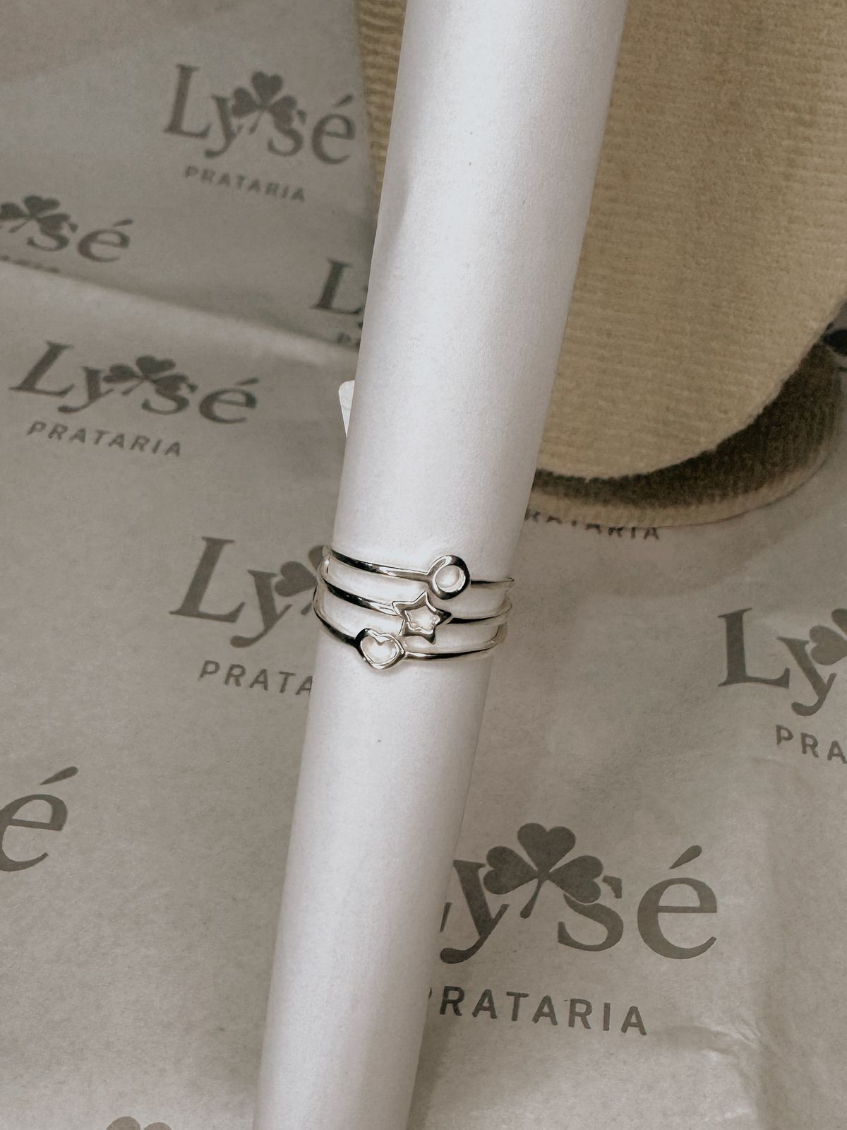 Anel de Prata 925 Triplo Círculo, Estrela e Coração