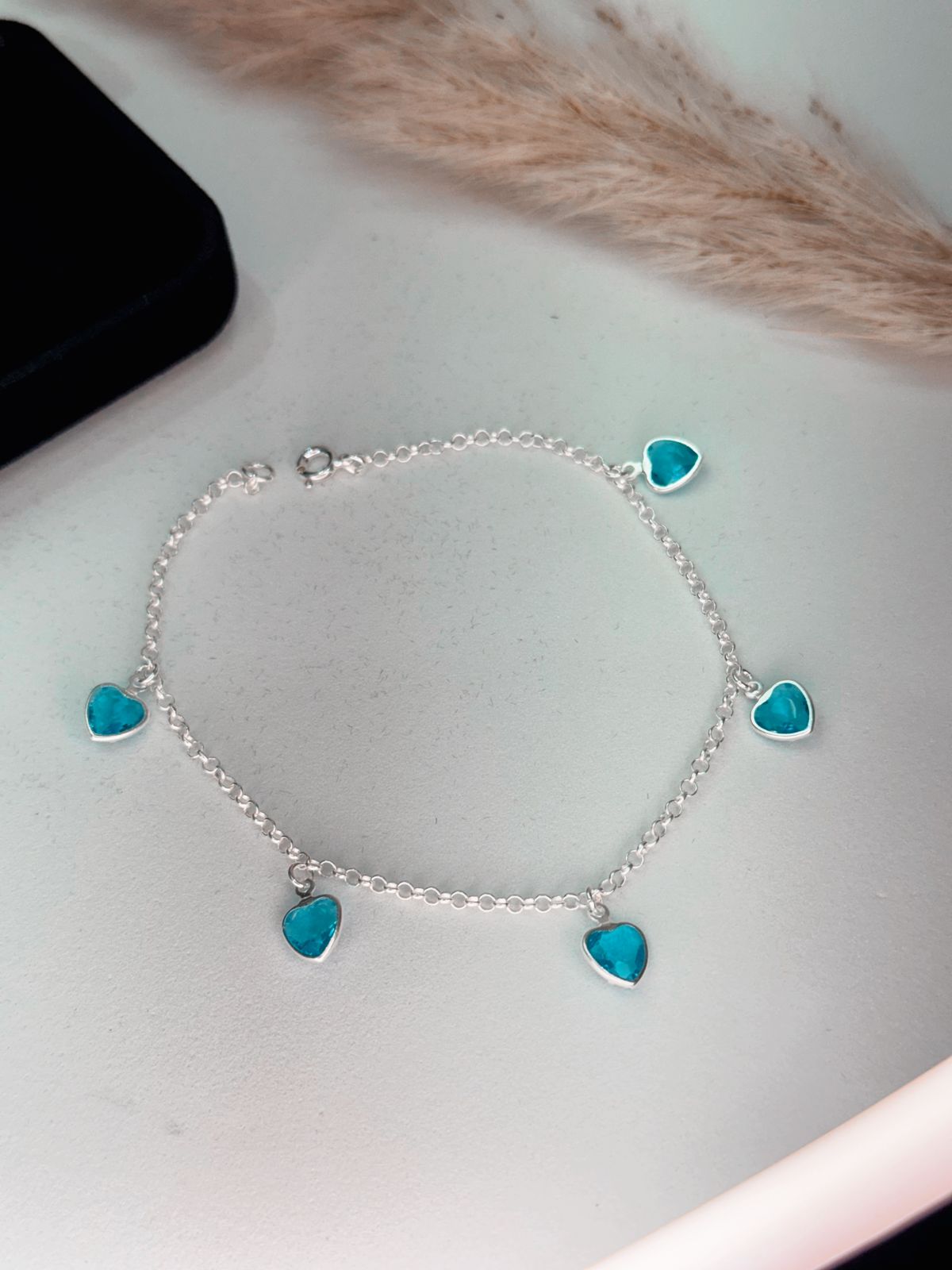 Pulseira 5 Pedra Coração Azul Piscina Pendurado Misto